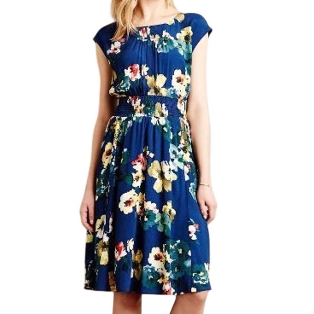 Maeve Anthropologie Evaline Dress XS Blue Floral‎ Smocked Waist Pockets Lined
